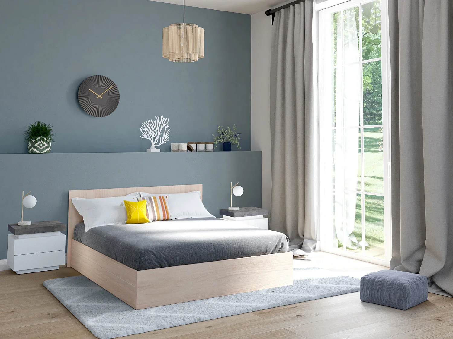 Comodino 2 cassetti Con LED MDF Laccato Bianco e Calcestruzzo - Lotto di 2 - HALO II