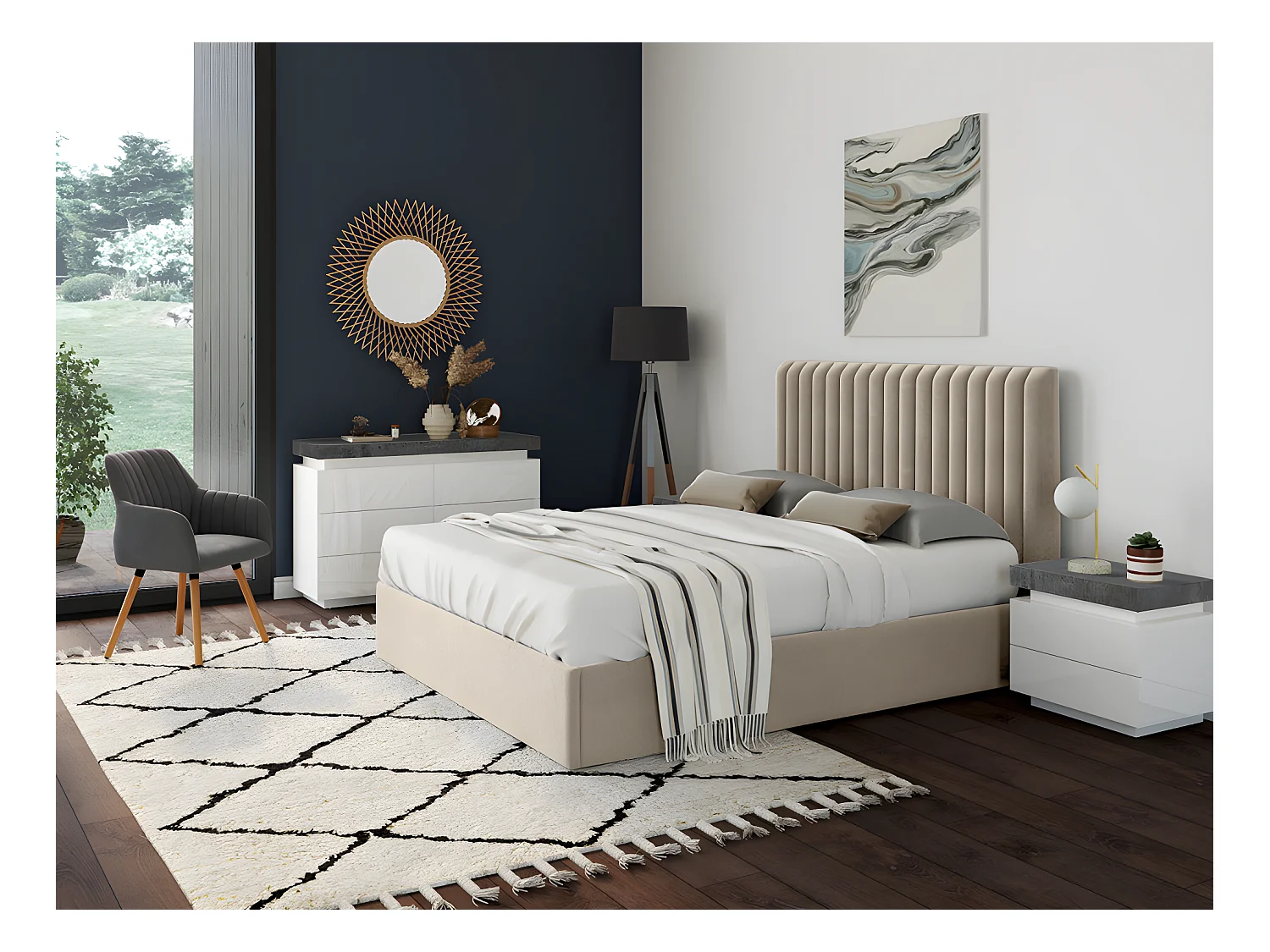 2 stk nattbord med 2 skuffer i MDF lakkert med LED, hvit og betong HALO II