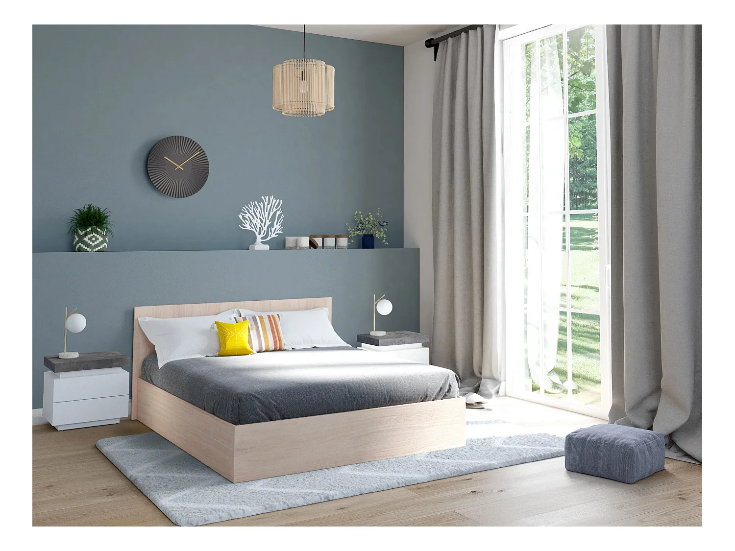 2 stk nattbord med 2 skuffer i MDF lakkert med LED, hvit og betong HALO II