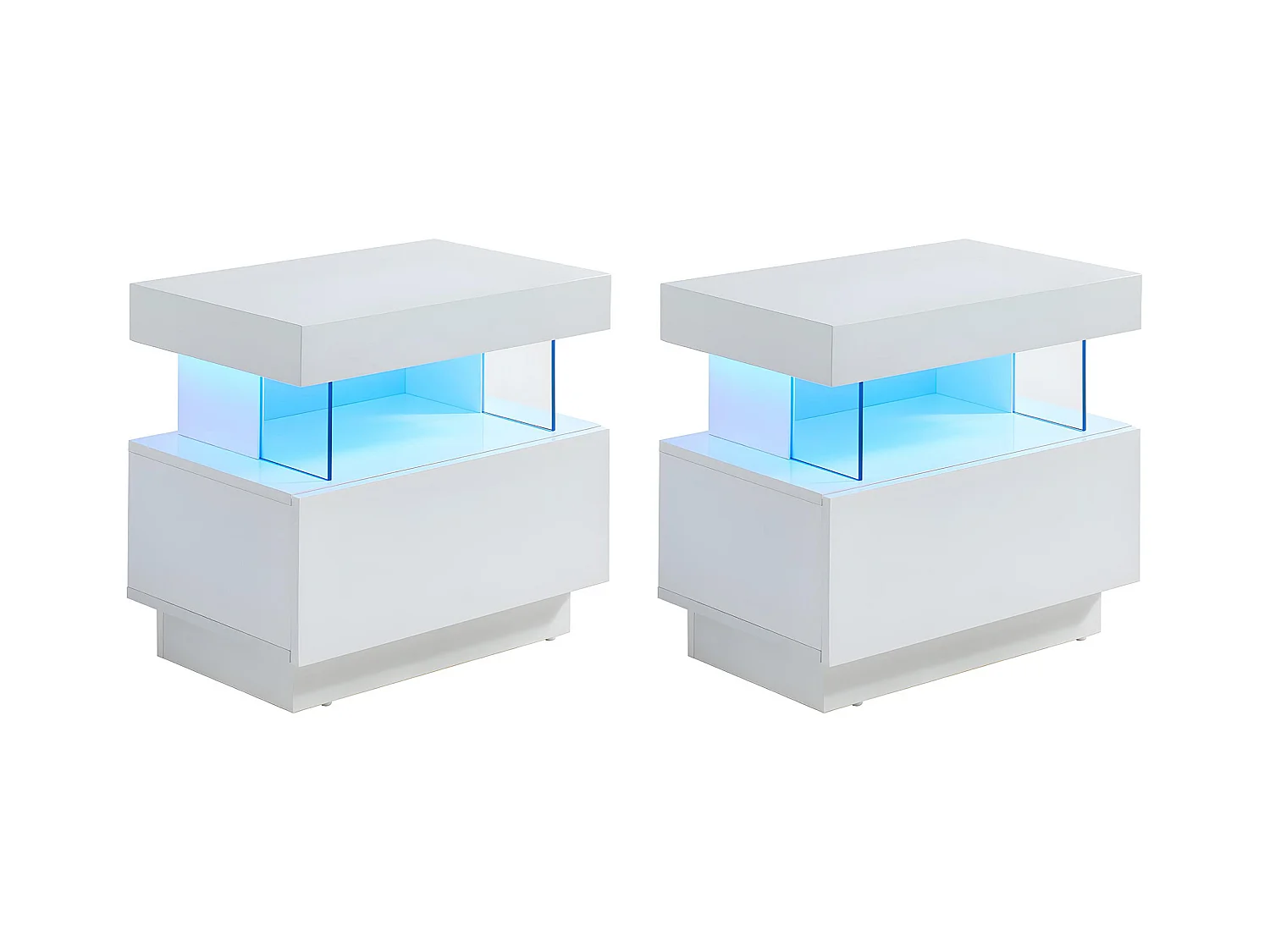 Lote de 2 mesitas de noche con 1 cajón y 1 estante - Con LEDS - MDF - Blanco lacado - FABIO II