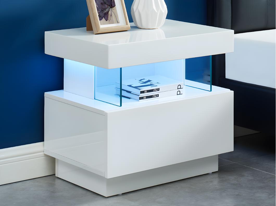 Lote de 2 mesitas de noche con 1 cajón y 1 estante - Con LEDS - MDF - Blanco lacado - FABIO II