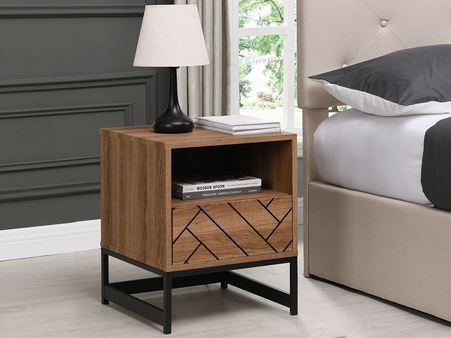 Lot de 2 tables de chevet 1 tiroir et 1 niche - MDF et Acier - Coloris : Naturel et noir - CARATANA