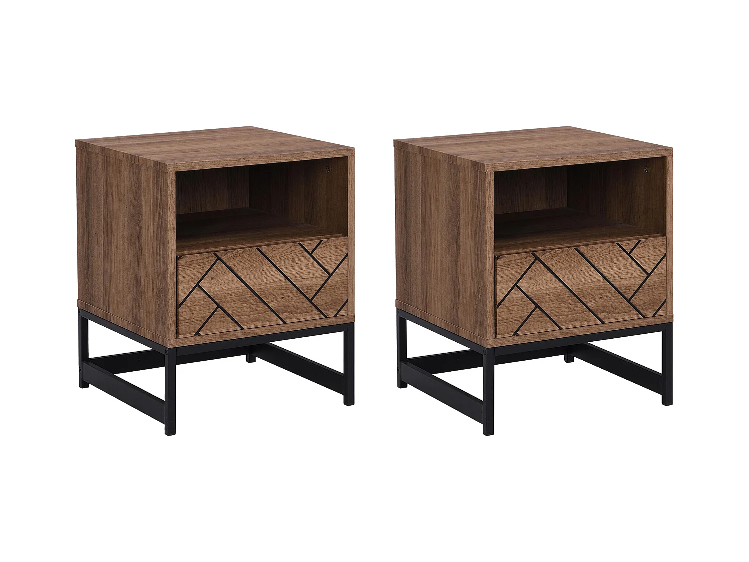 Zestaw 2 szafek nocnych z 1 szufladą i 1 wnęką - płyta MDF i stal - Kolor: Naturalny i czarny - CARATANA