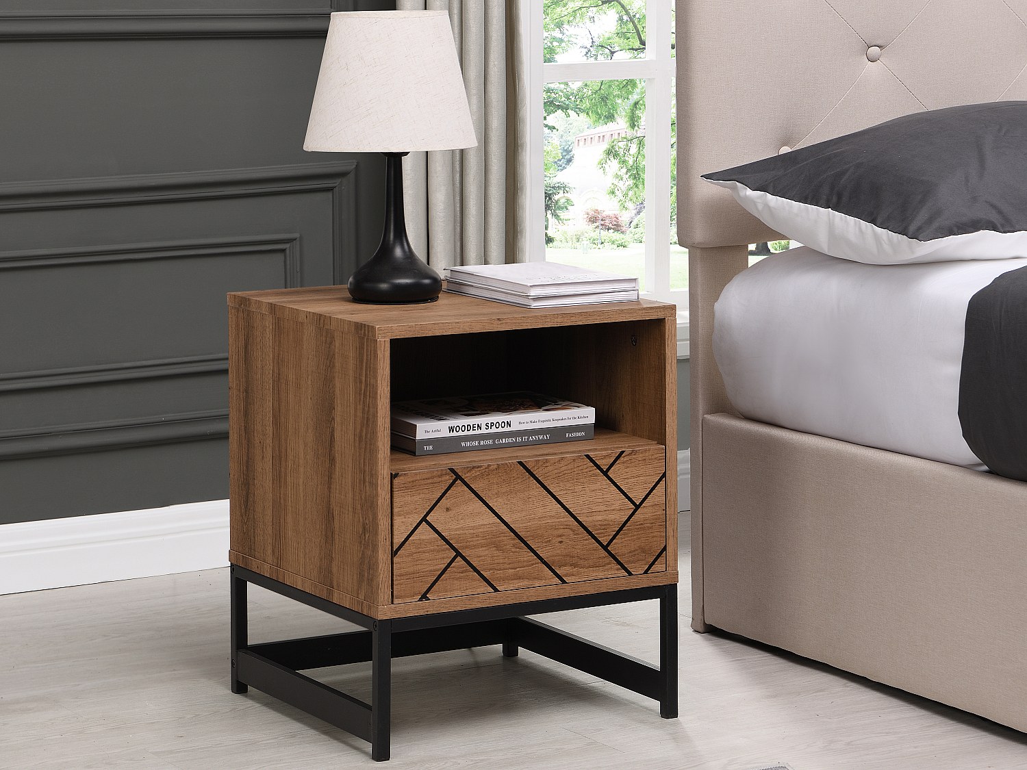 2er-Set Nachttische mit 1 Schublade & 1 Ablage - MDF & Stahl - Holzfarben & günstig online kaufen