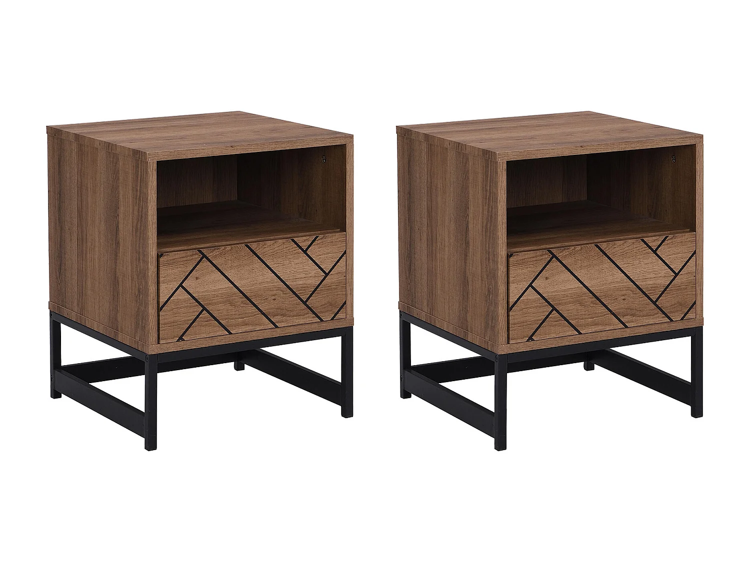 Lot de 2 tables de chevet 1 tiroir et 1 niche - MDF et Acier - Coloris : Naturel et noir - CARATANA