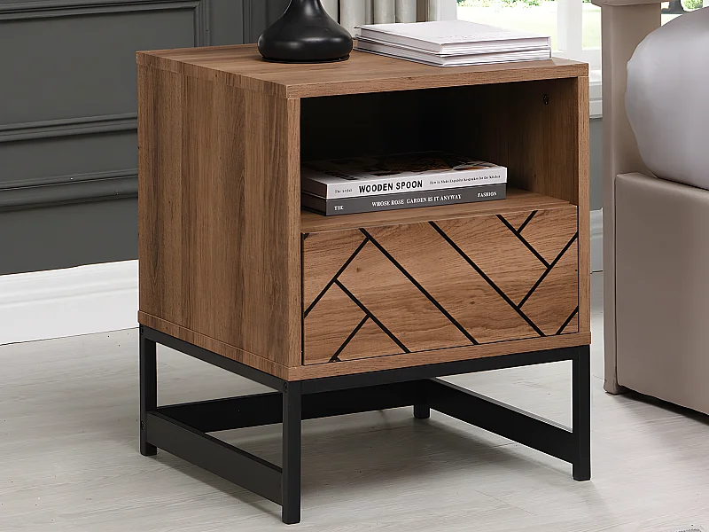 Lot de 2 tables de chevet 1 tiroir et 1 niche - MDF et Acier - Coloris : Naturel et noir - CARATANA