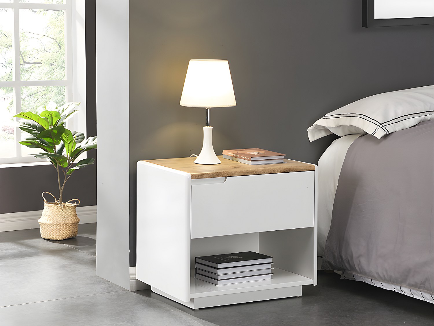 2er-Set Nachttische mit 1 Schublade & 1 Ablage - MDF - Weiß lackiert & Eich günstig online kaufen
