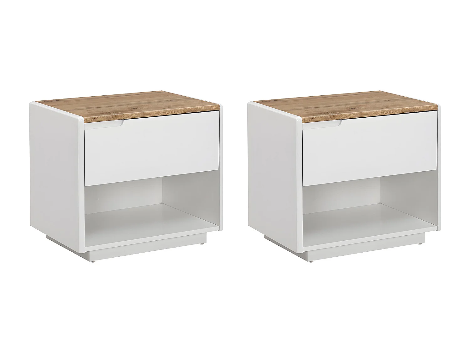 Lot de 2 tables de chevet - 1 tiroir et 1 niche - MDF - Blanc laqué et Chêne - AMANI