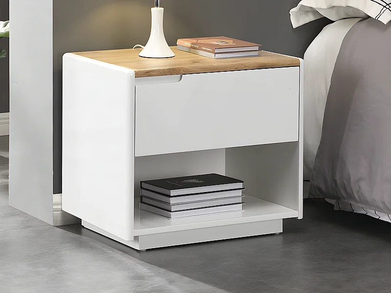 Lot de 2 tables de chevet - 1 tiroir et 1 niche - MDF - Blanc laqué et Chêne - AMANI