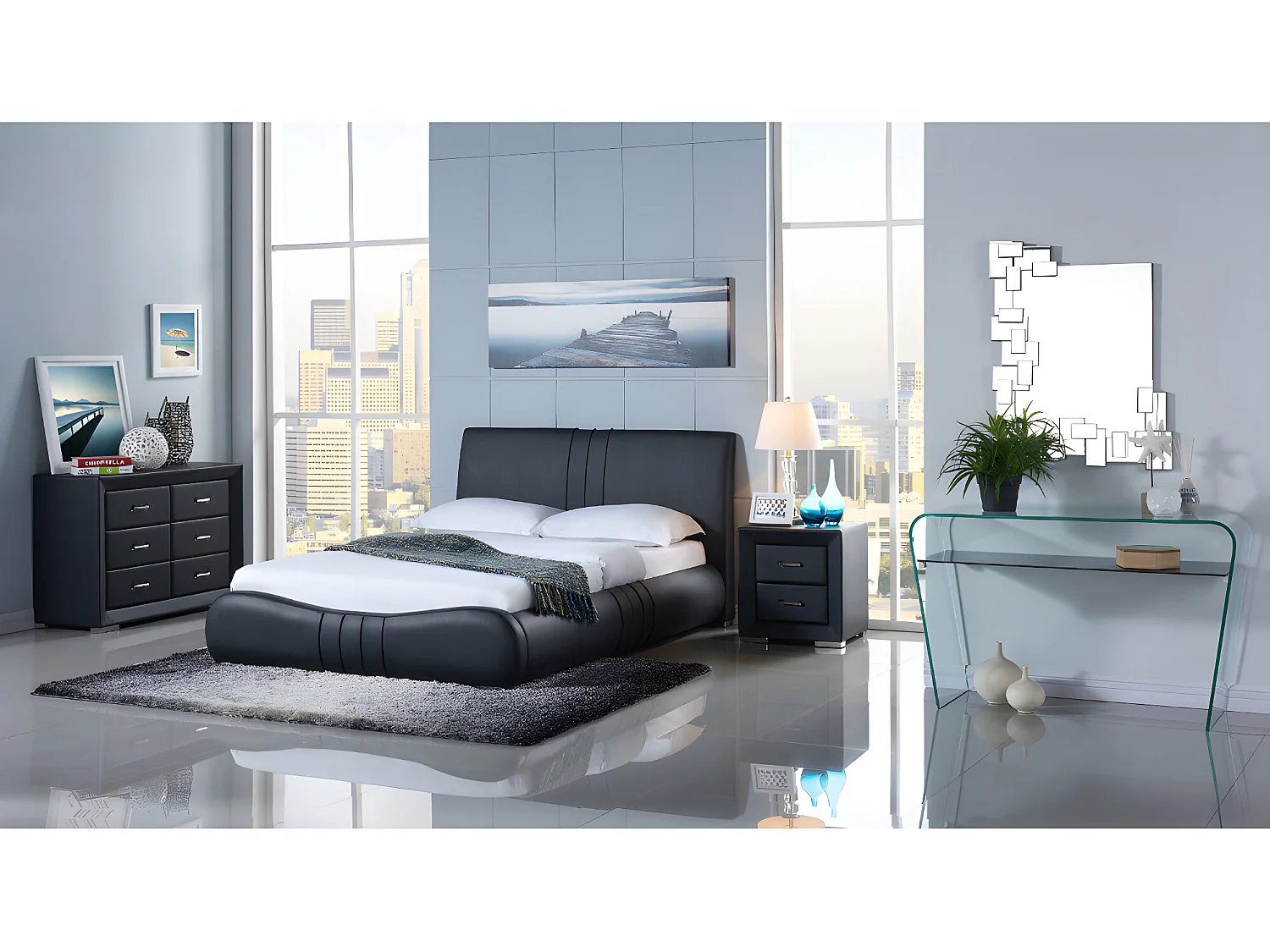 Juego de 2 mesitas de noche - 2 cajones - Imitación cuero negro - CAPITOLE