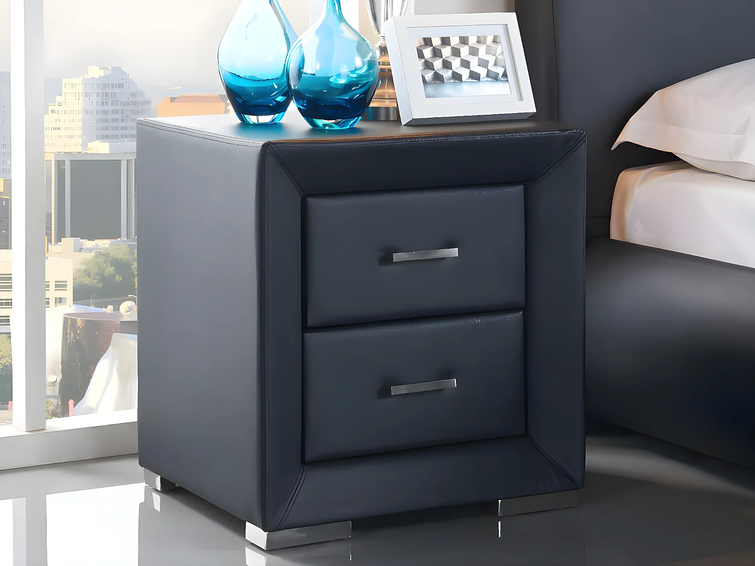 Lot de 2 tables de chevet - 2 tiroirs - Simili noir - CAPITOLE
