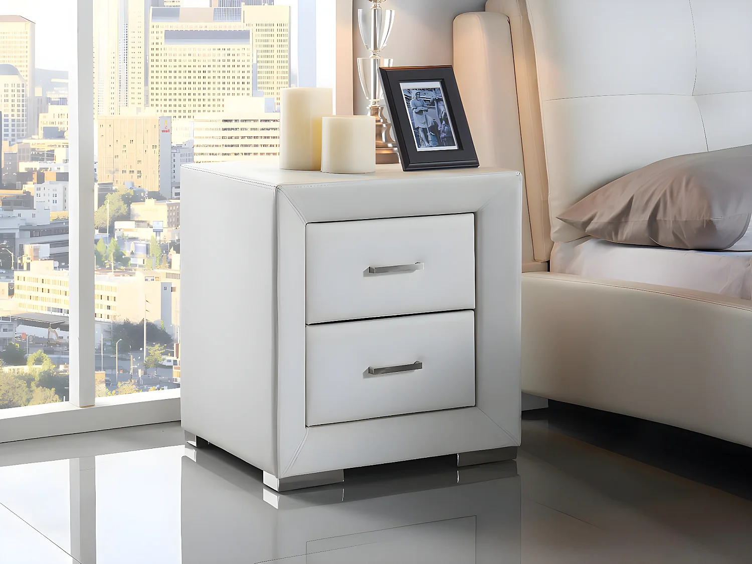 Lot de 2 tables de chevet - 2 tiroirs - Simili blanc - CAPITOLE