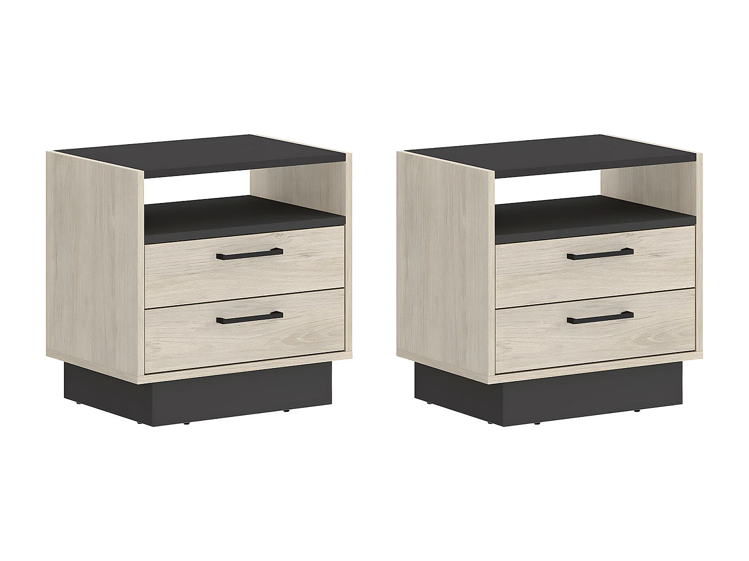 Lot de 2 tables de chevet 2 tiroirs et 1 niche - Coloris : Naturel et anthracite - LEANDRE