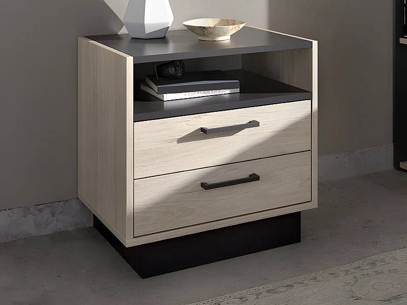 Lot de 2 tables de chevet 2 tiroirs et 1 niche - Coloris : Naturel et anthracite - LEANDRE