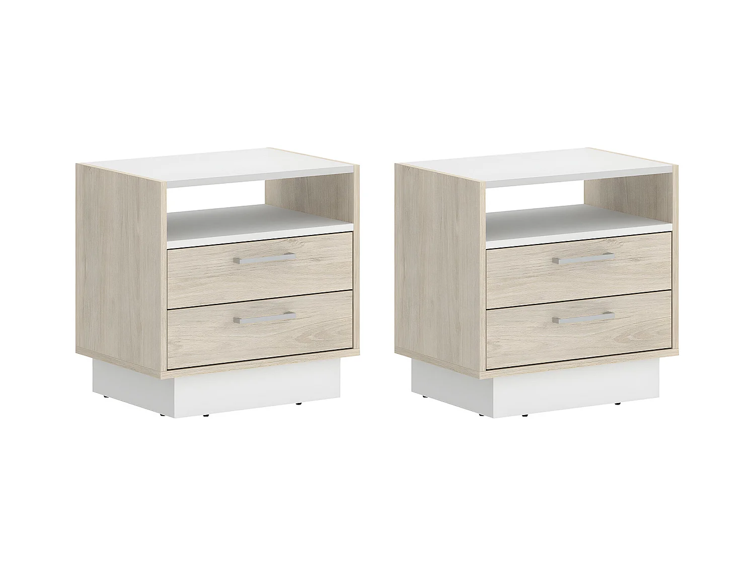 Comodino 2 cassetti e 1 nicchia Naturale e Bianco - Lotto di 2 - LEANDRE