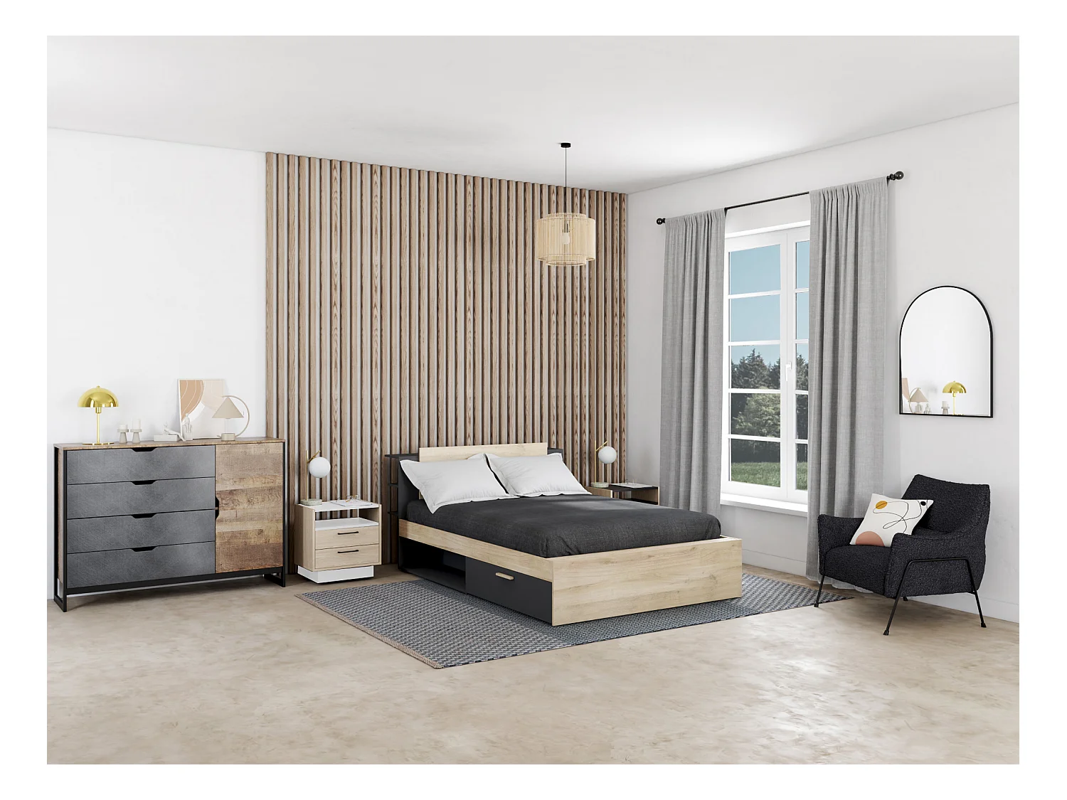 Comodino 2 cassetti e 1 nicchia Naturale e Bianco - Lotto di 2 - LEANDRE