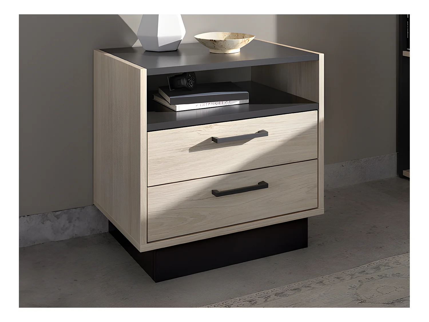 Comodino 2 cassetti e 1 nicchia Naturale e Bianco - Lotto di 2 - LEANDRE