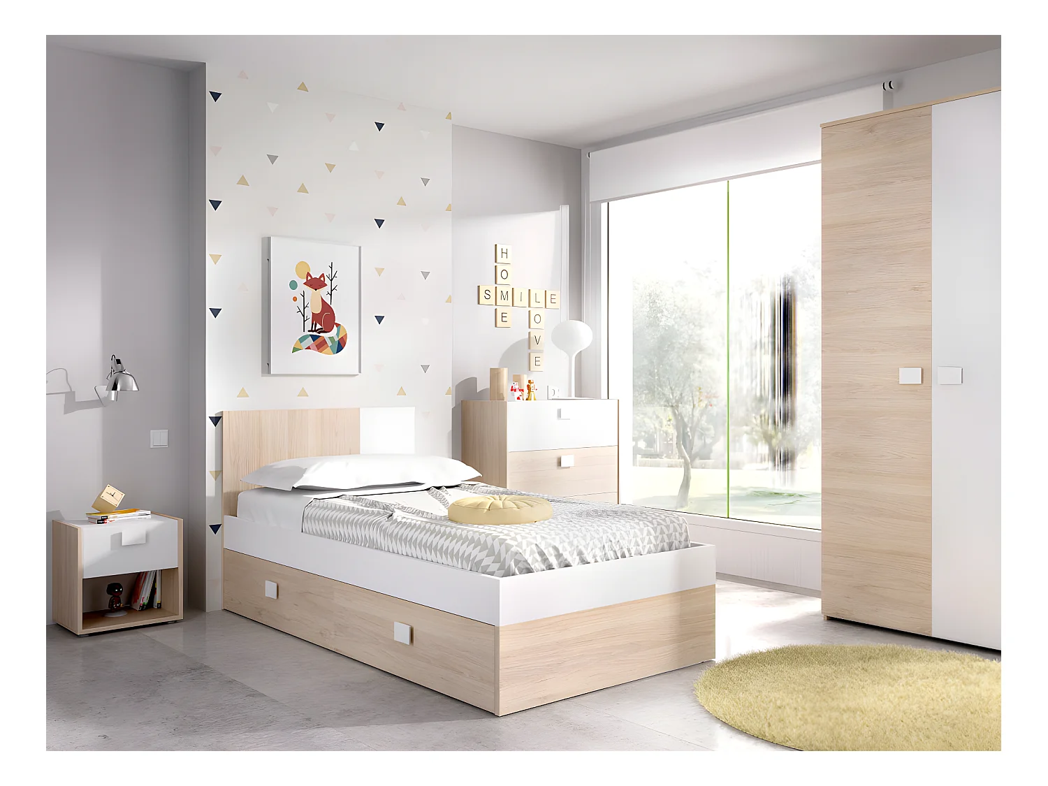 Comodino 1 cassetto e 1 nicchia Naturale e Bianco - Lotto di 2 - SONIA