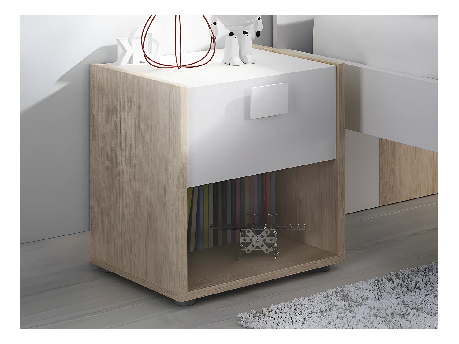 Comodino 1 cassetto e 1 nicchia Naturale e Bianco - Lotto di 2 - SONIA