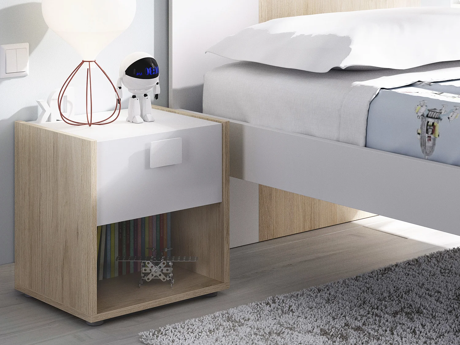 Conjunto de 2 mesitas de noche con 1 cajón y 1 estante - Color: Natural y blanco - SONIA