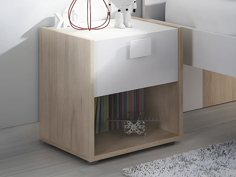 Lot de 2 tables de chevet 1 tiroir et 1 niche - Coloris : Naturel et blanc - SONIA
