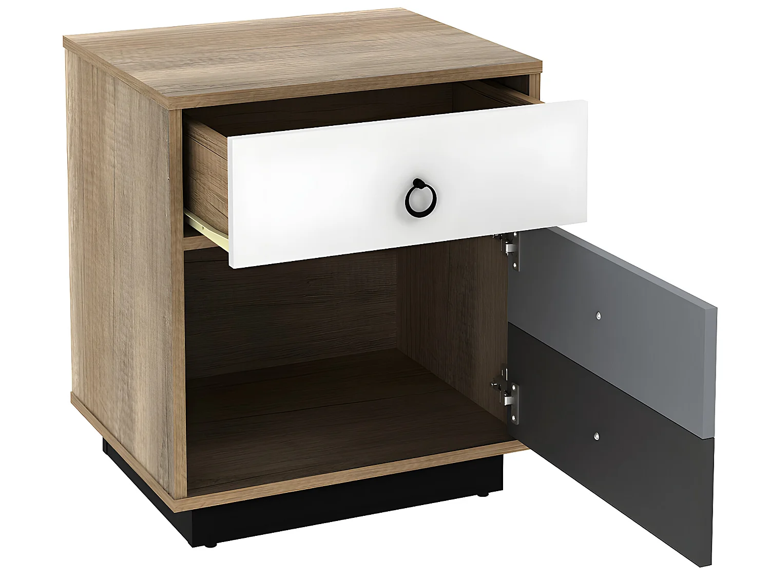 Lot de 2 tables de chevet - 1 tiroir et 1 porte - Coloris : Naturel, blanc et gris - KRYPTON