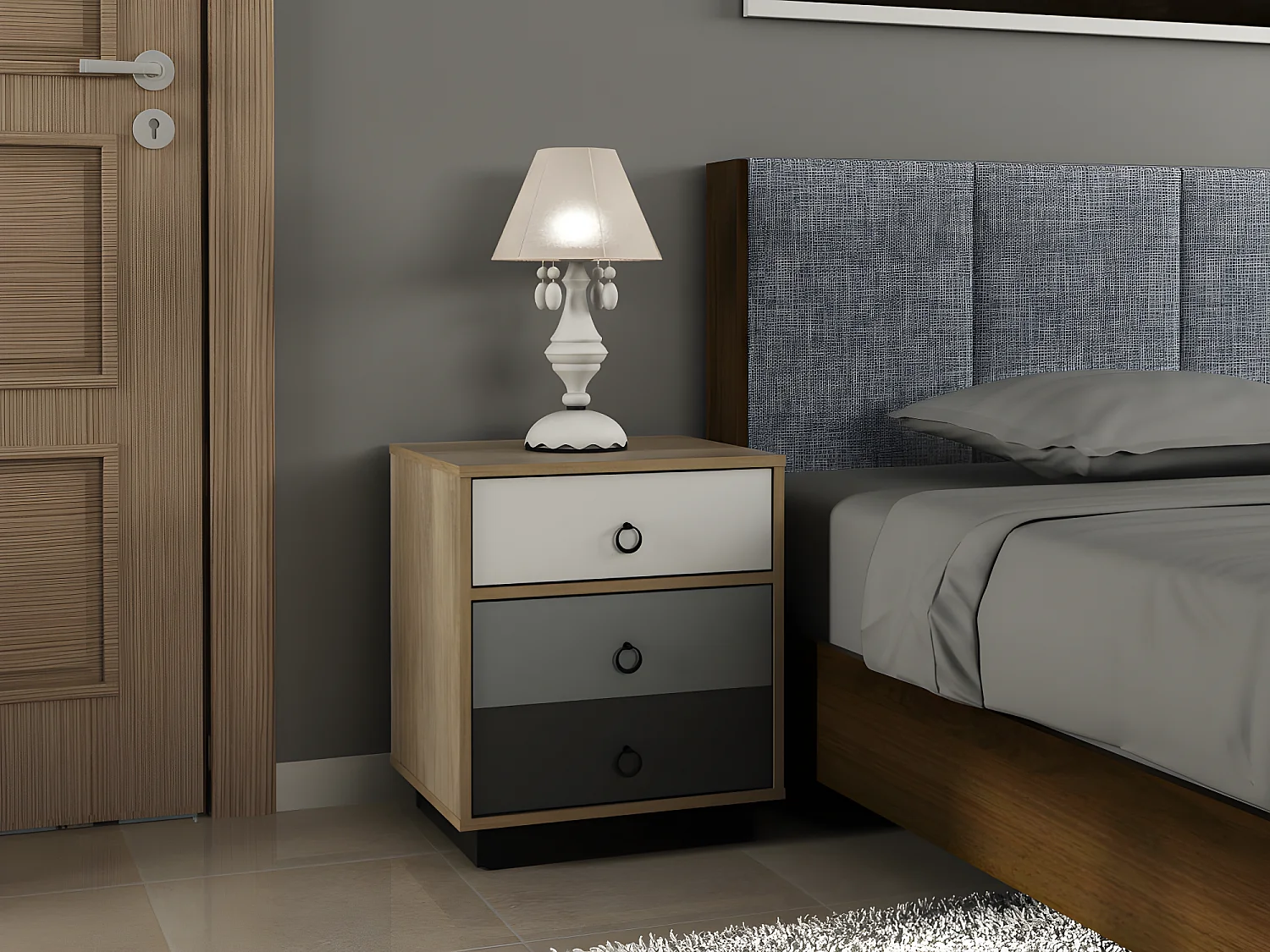 Lot de 2 tables de chevet - 1 tiroir et 1 porte - Coloris : Naturel, blanc et gris - KRYPTON