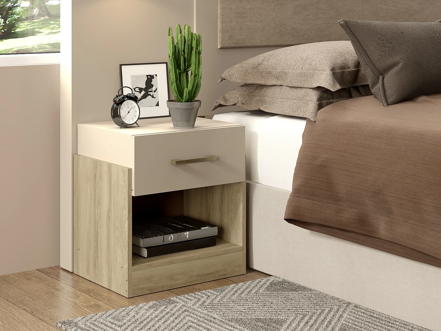 Lot de 2 tables de chevet 1 tiroir et 1 niche - Coloris : Naturel et ivoire - BODIL II