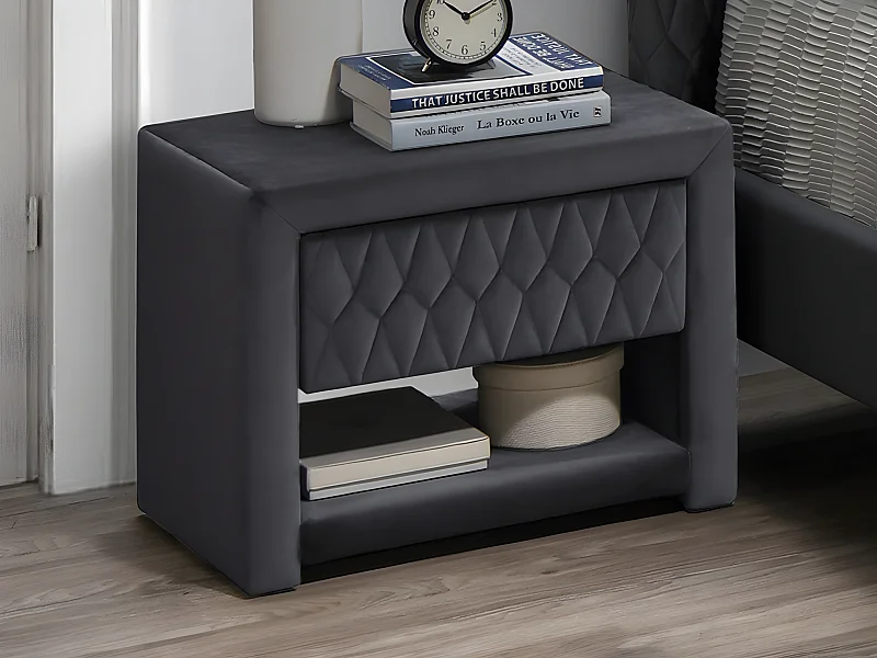 Lot de 2 tables de chevet - 1 tiroir et 1 niche - Tissu velours - Gris - DANIELE