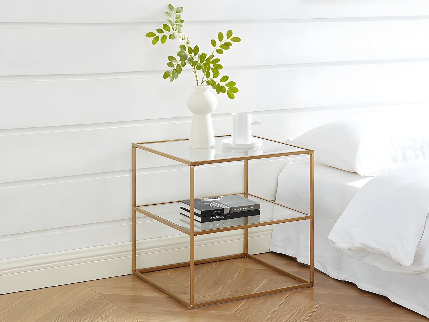 Lot de 2 tables de chevet - 1 tablette - Verre trempé et acier - Doré - KOHANA