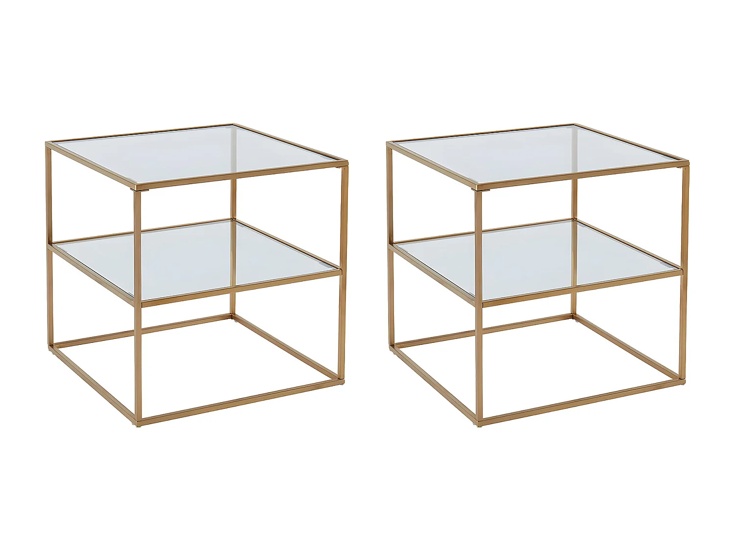 Set van 2 nachtkastjes – 1 legplank – Gehard glas en staal – Goudkleurig – KOHANA