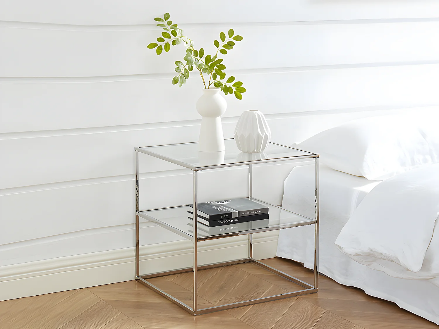 Lot de 2 tables de chevet - 1 tablette - Verre trempé et acier - Argent - KOHANA