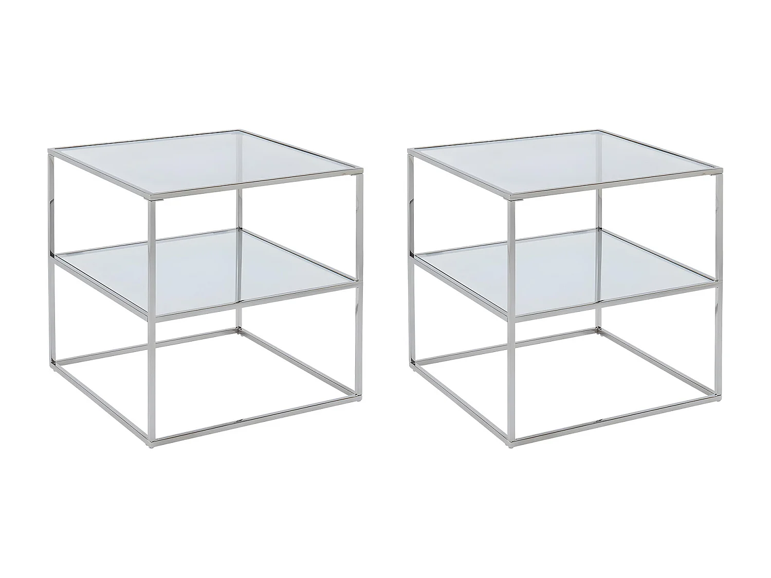 Lot de 2 tables de chevet - 1 tablette - Verre trempé et acier - Argent - KOHANA