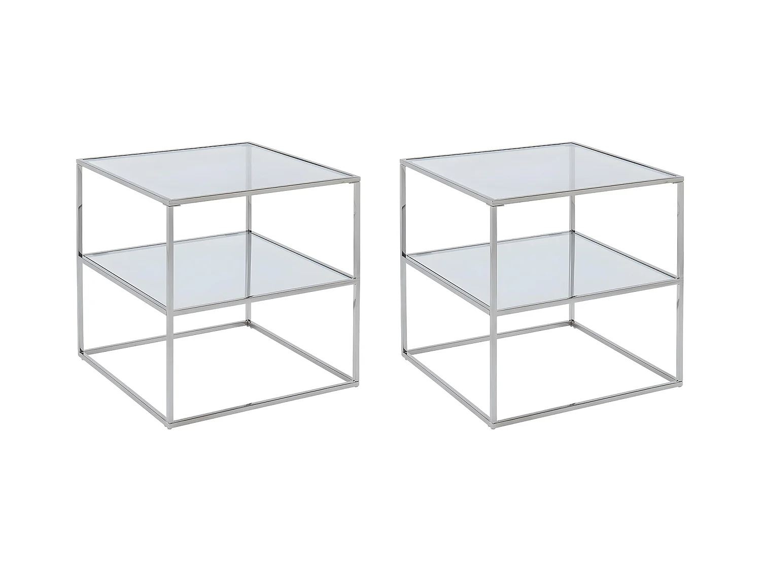 Conjunto de 2 mesitas de noche - 1 estante - Vidrio templado y acero - Plata - KOHANA