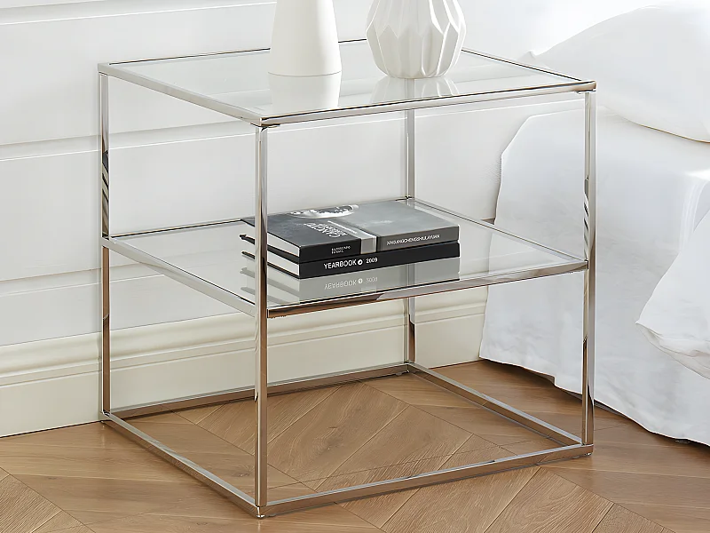 2er-Set Nachttische mit 1 Ablage - Glas & Stahl - Silberfarben - KOHANA