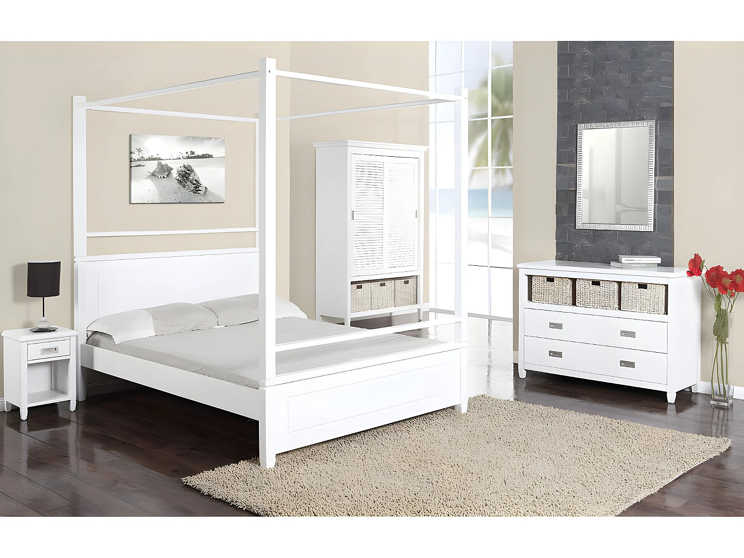 Lot de 2 tables de chevet - 1 tiroir et 1 niche - Pin - Blanc - GUERANDE