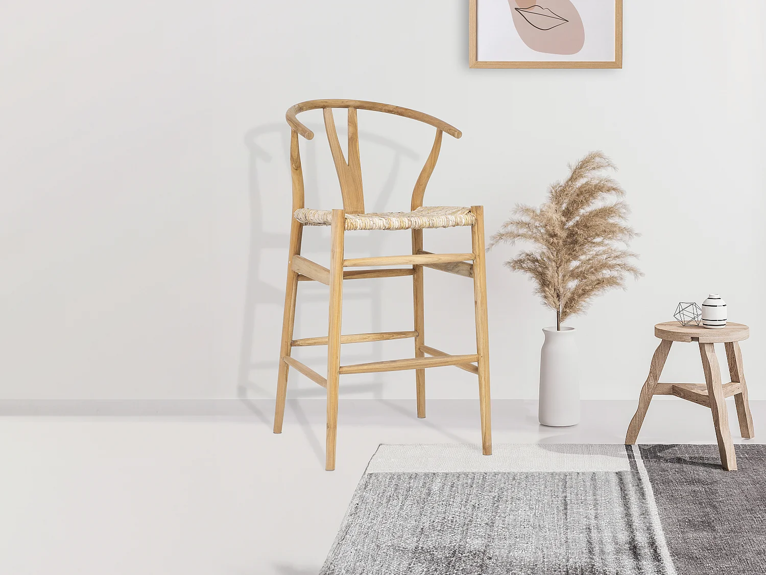 Stołek barowy z drewna tekowego i słomy - Naturalny - POGIANA