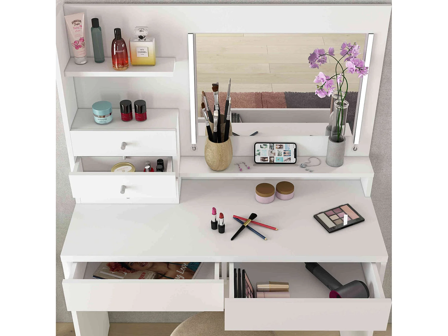 Coiffeuse 3 tiroirs avec miroir en bois blanc - CF9030