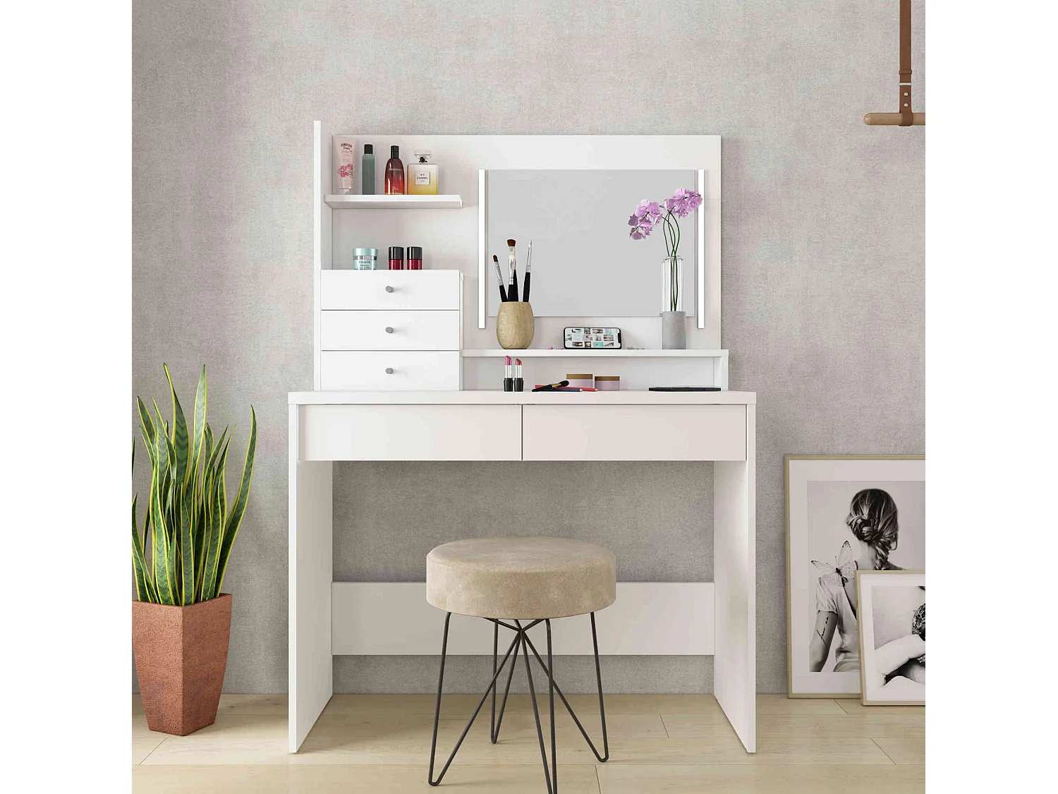 Coiffeuse 3 tiroirs avec miroir en bois blanc - CF9030