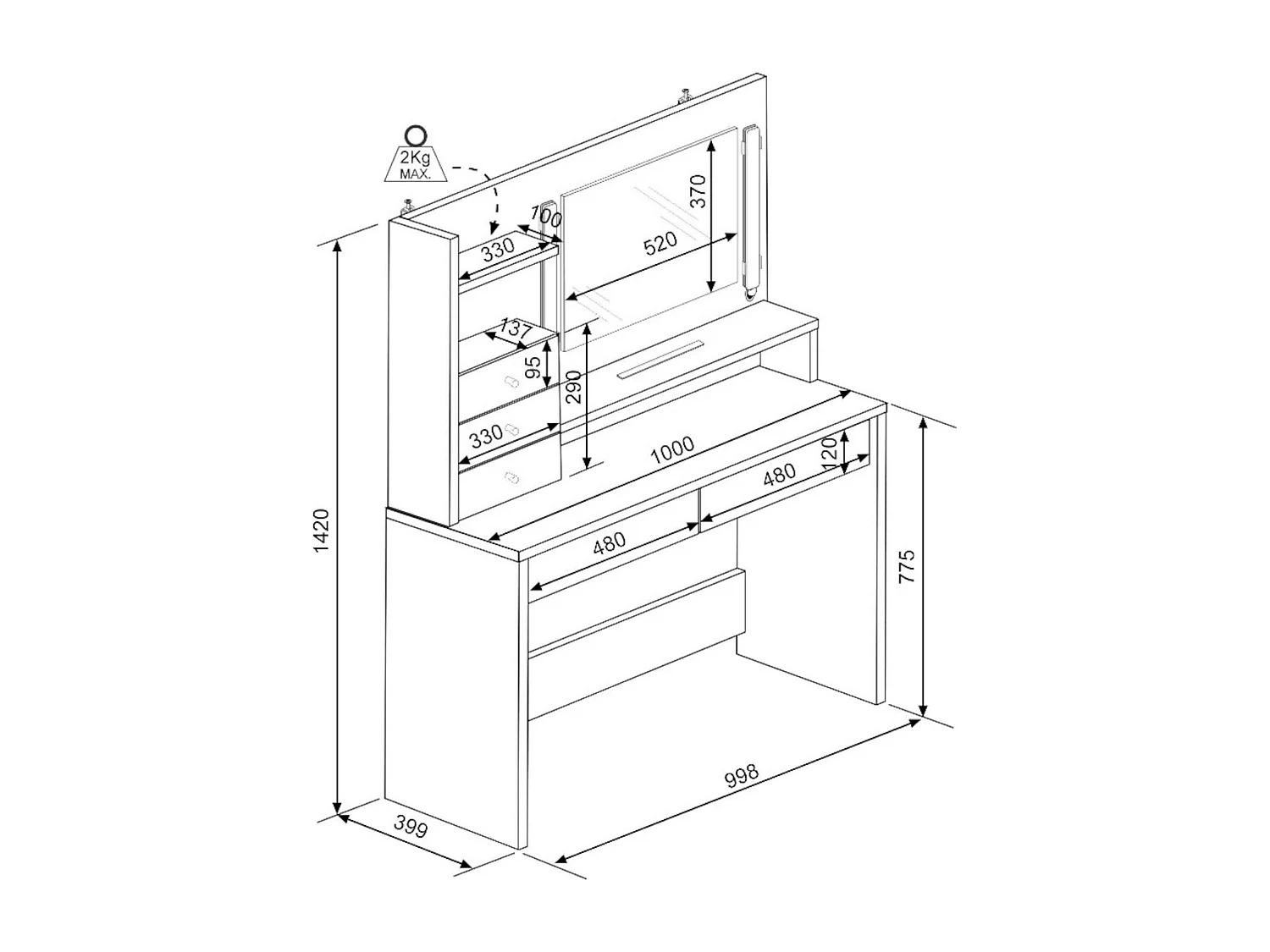 Coiffeuse 3 tiroirs avec miroir en bois blanc - CF9030