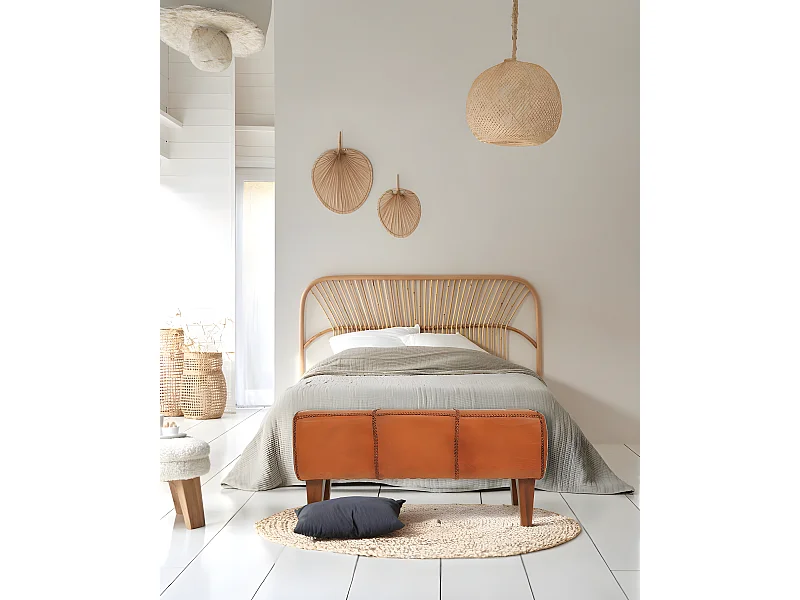 Tula - Banc rembourré en teck massif et cuir marron