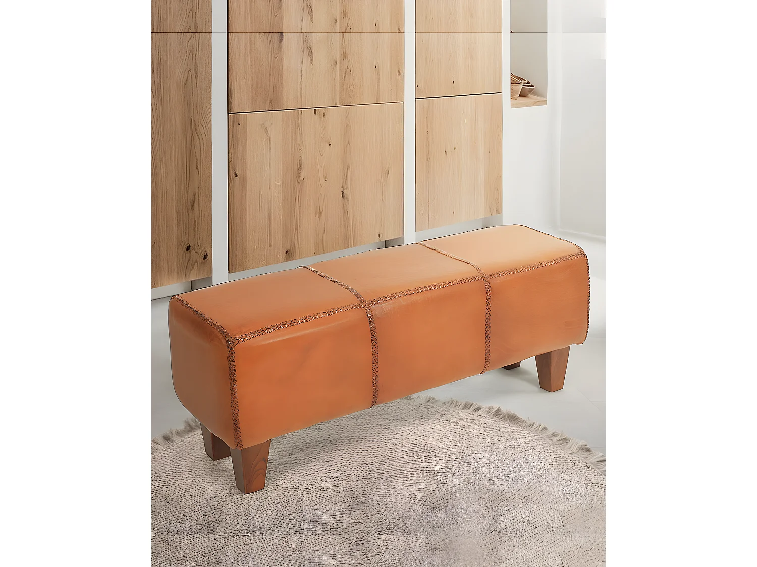 Tula - Banc rembourré en teck massif et cuir marron