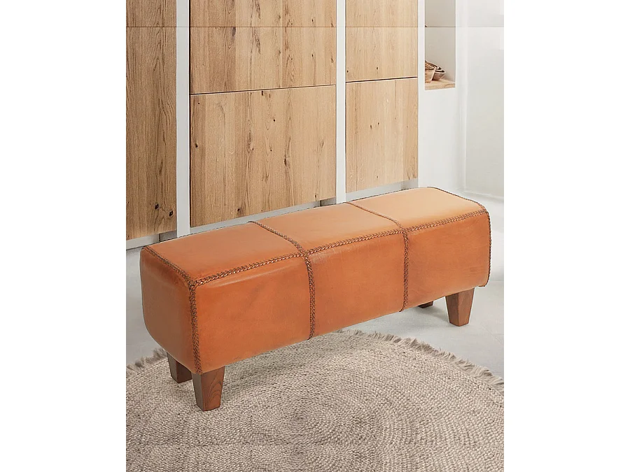Tula - Panca imbottita in teak massello e pelle marrone