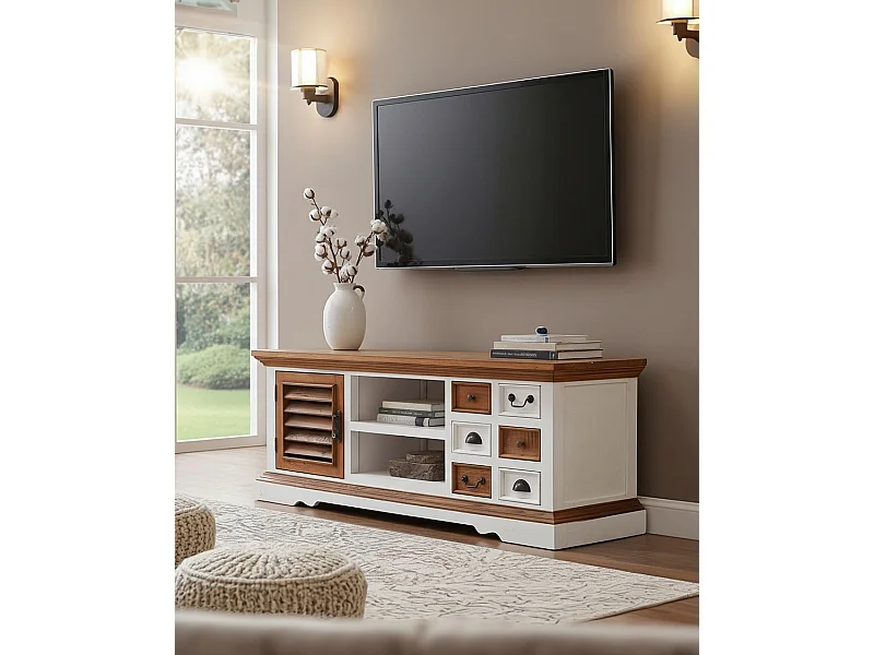 Inda - Meuble TV en bois massif de Sungkai blanc et naturel 140 cm