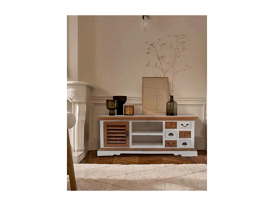 Inda - Meuble TV en bois massif de Sungkai blanc et naturel 140 cm