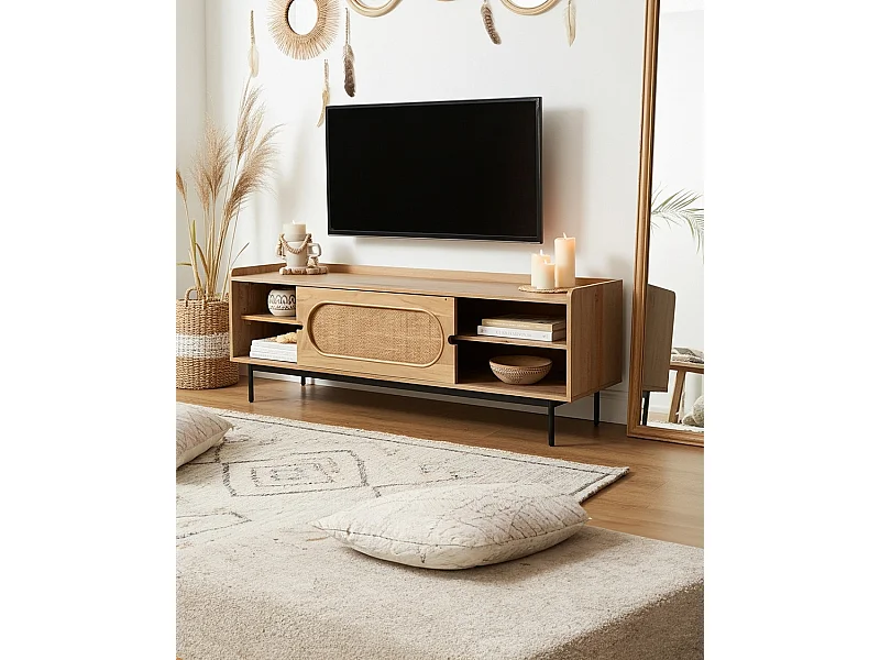 Kali - Meuble tv en manguier massif et cannage 140 cm