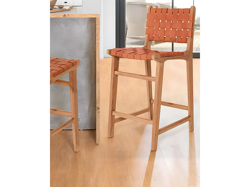 Ambra - Lot de 2 Chaise de bar en teck massif et cuir vachette tressé marron