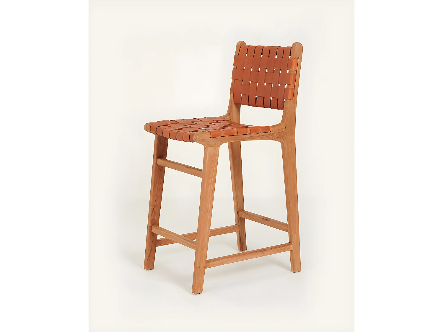 Ambra - Lot de 2 Chaise de bar en teck massif et cuir vachette tressé marron