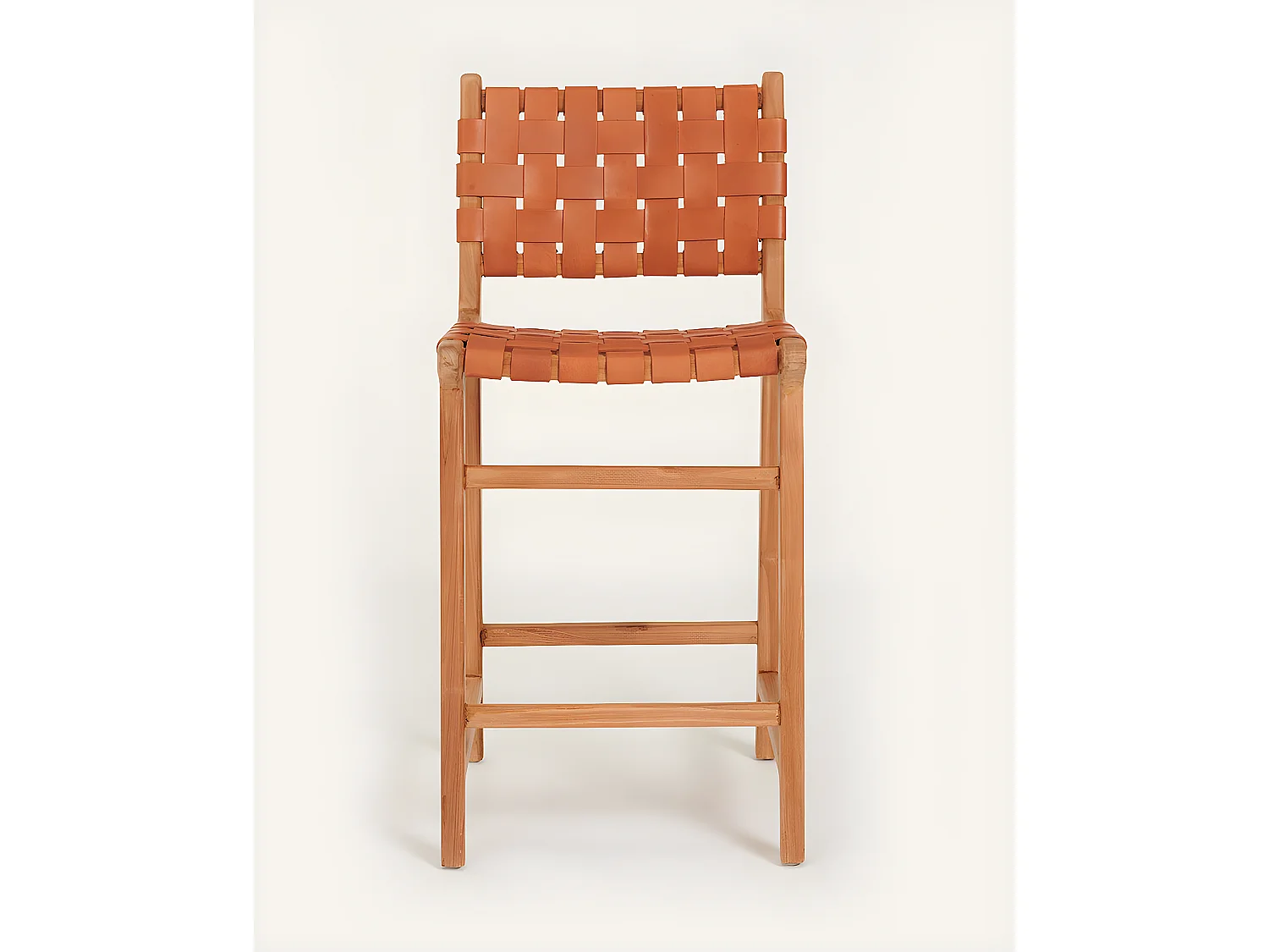 Ambra - Lot de 2 Chaise de bar en teck massif et cuir vachette tressé marron