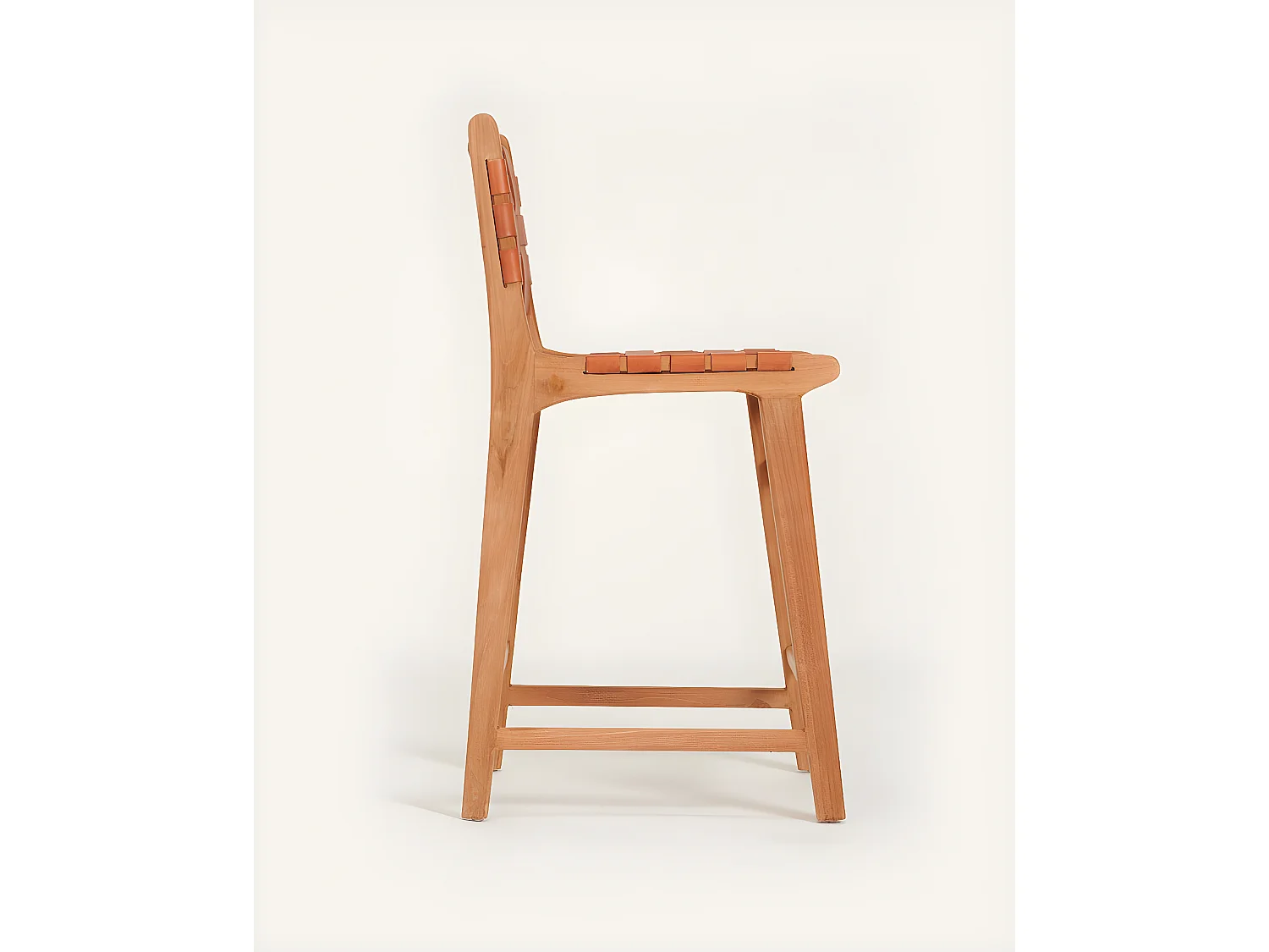 Ambra - Lot de 2 Chaise de bar en teck massif et cuir vachette tressé marron